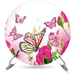 Aperturee - Dark Pink Floral Butterfly Round Birthday Backdrop