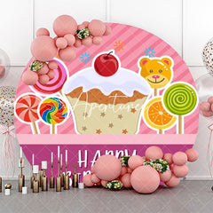 Aperturee - Dark Pink Stripe Candy Cake Round Birthday Backdrop