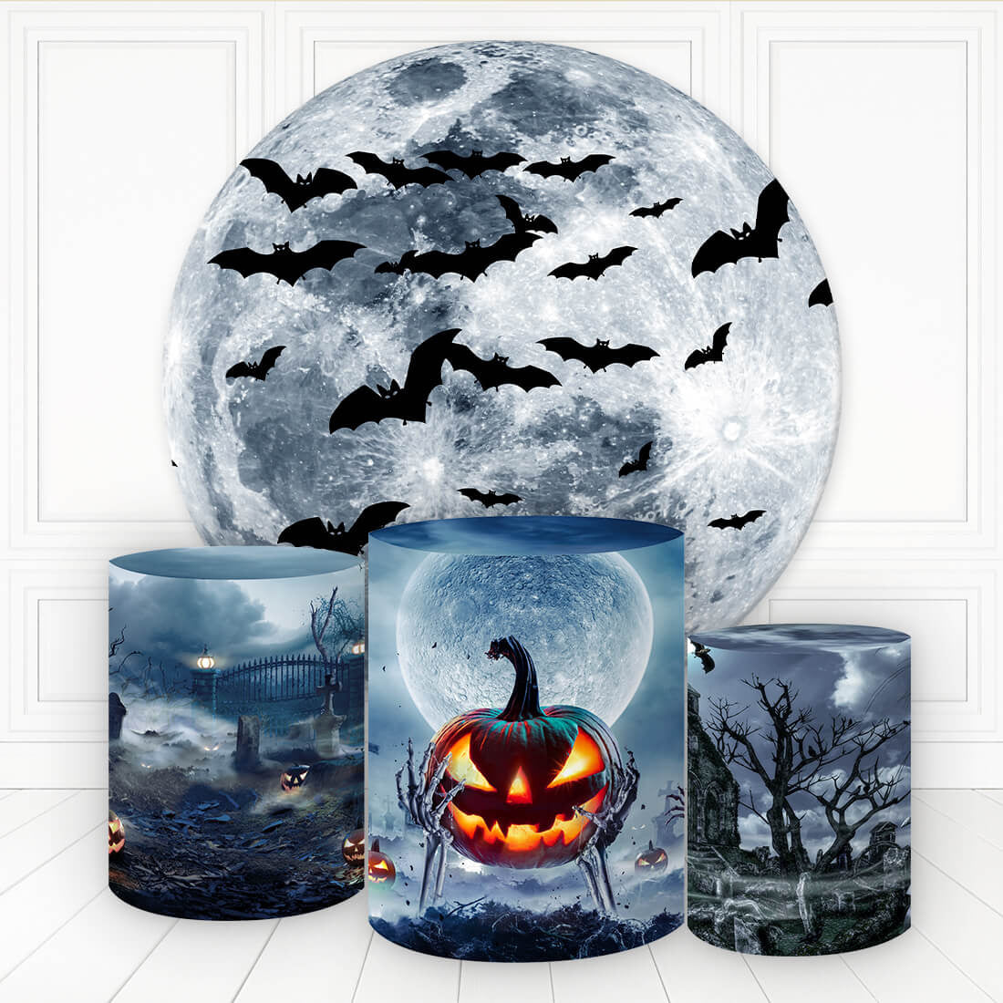 Aperturee Dark Pumpkin Moon Night Round Birthday Backdrop Kit For Boy