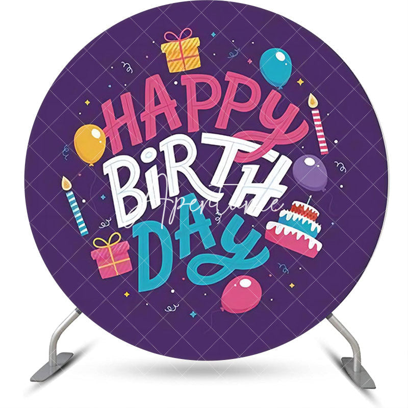 Aperturee - Dark Purple Balloon Cake Round Birthday Backdrop