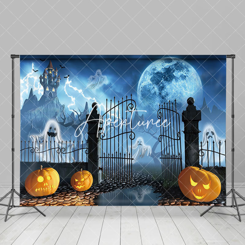 Aperturee - Dark Rainy Night Pumpkin Moon Light Halloween Backdrop