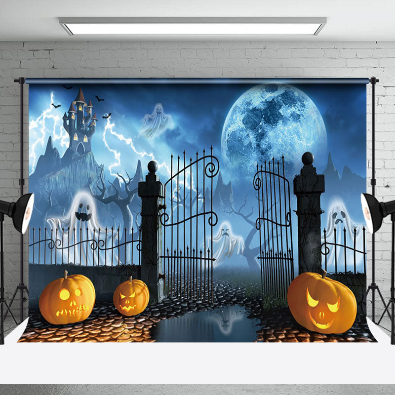 Aperturee - Dark Rainy Night Pumpkin Moon Light Halloween Backdrop