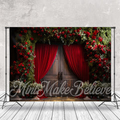 Aperturee - Dark Red Curtain Roses Wood Door Floral Backdrop