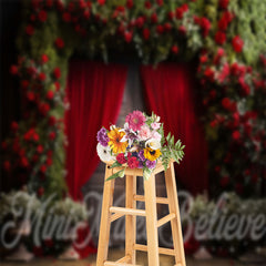 Aperturee - Dark Red Curtain Roses Wood Door Floral Backdrop