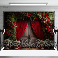 Aperturee - Dark Red Curtain Roses Wood Door Floral Backdrop