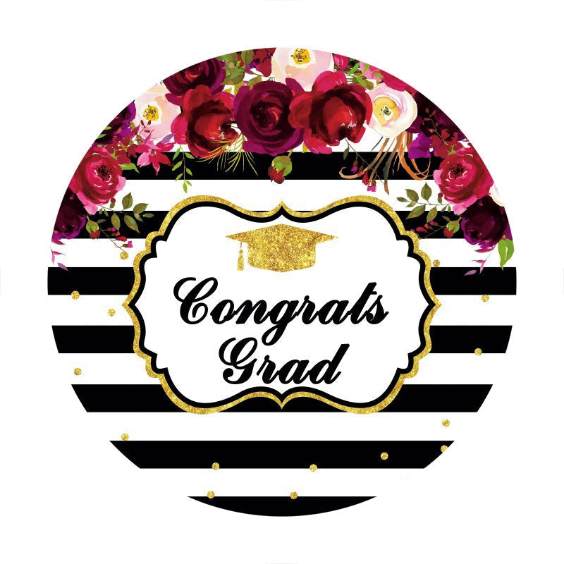 Aperturee - Dark Red Floral Round Congrats Grad Backdrop