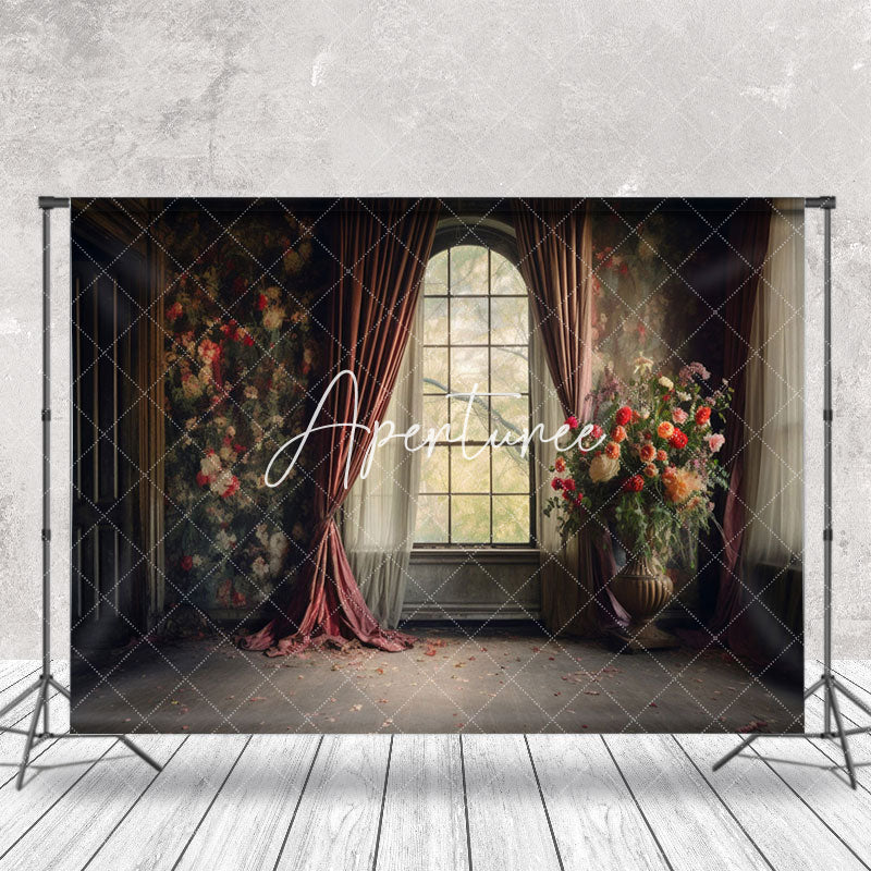 Aperturee - Dark Retro Room Floral Curtain Window Photo Backdrop