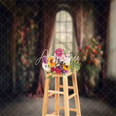 Aperturee - Dark Retro Room Floral Curtain Window Photo Backdrop