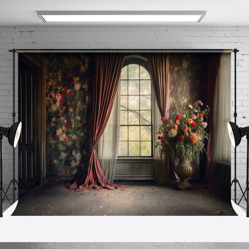 Aperturee - Dark Retro Room Floral Curtain Window Photo Backdrop