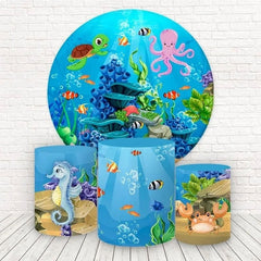 Aperturee Deep Sea Blue World Round Happy Birthday Backdrop Kit