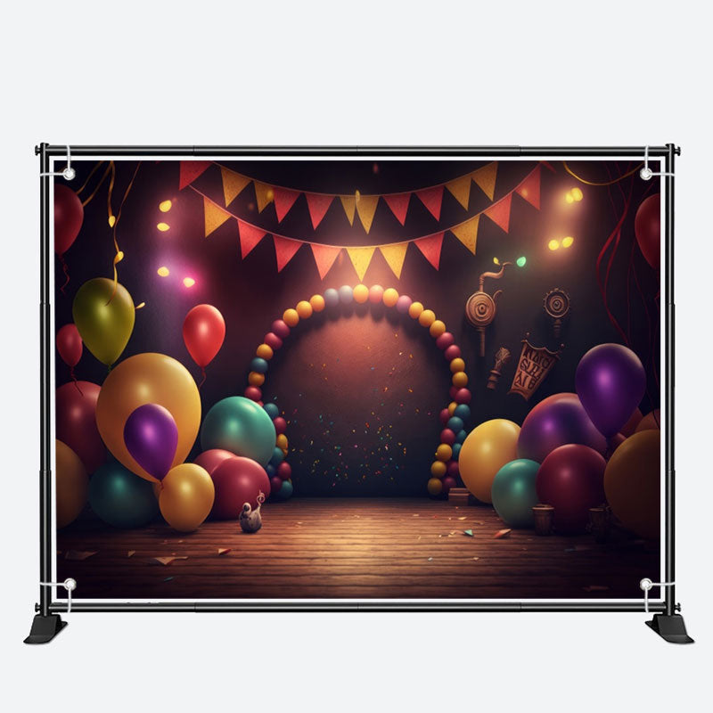 Aperturee - Deep Tones Balloons Wooden Floor Birthday Backdrop