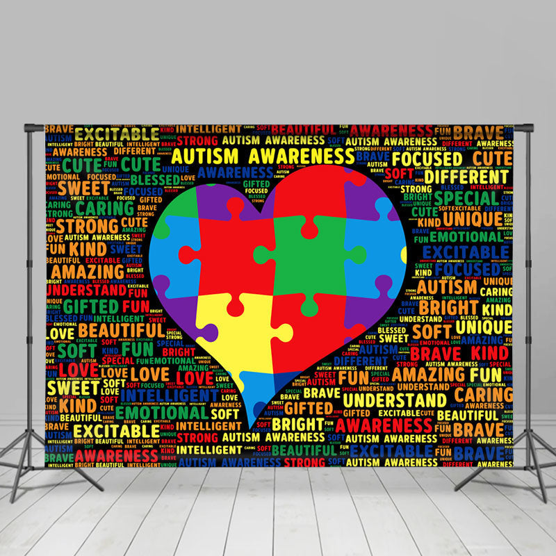 Aperturee - Dense Letters Heart Puzzle Autism Awareness Backdrop