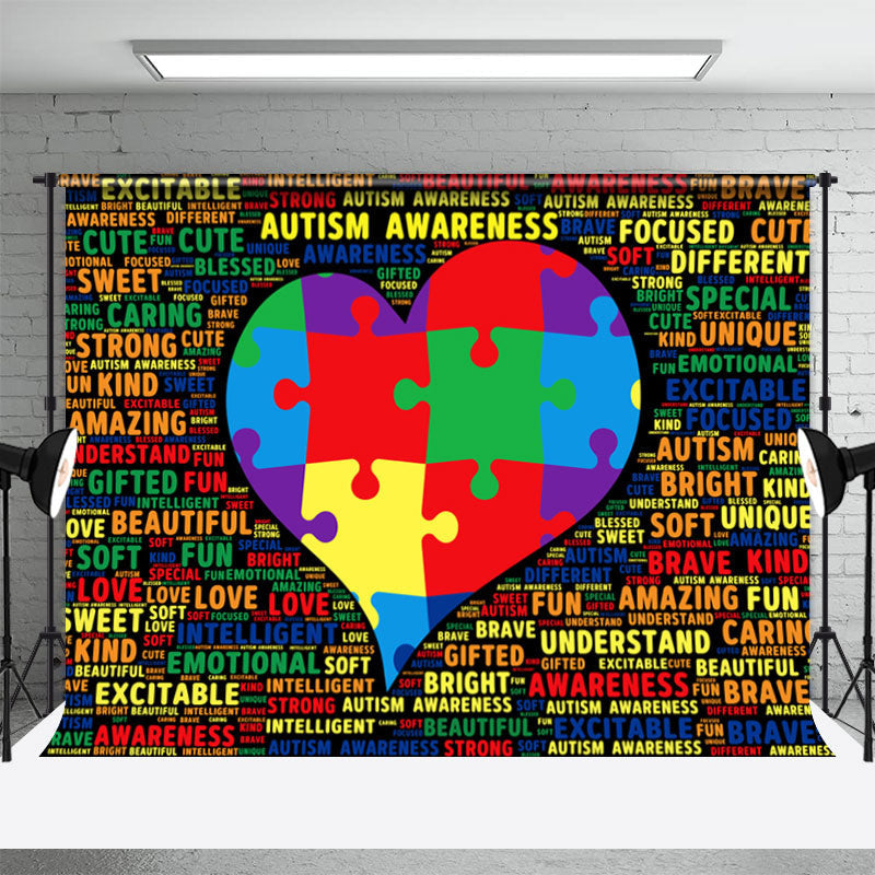 Aperturee - Dense Letters Heart Puzzle Autism Awareness Backdrop