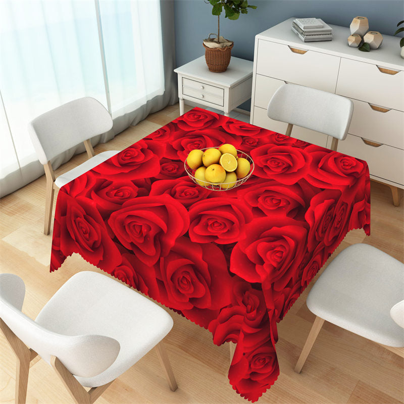 Aperturee - Dense Red Rose Floral Valentines Square Tablecloth