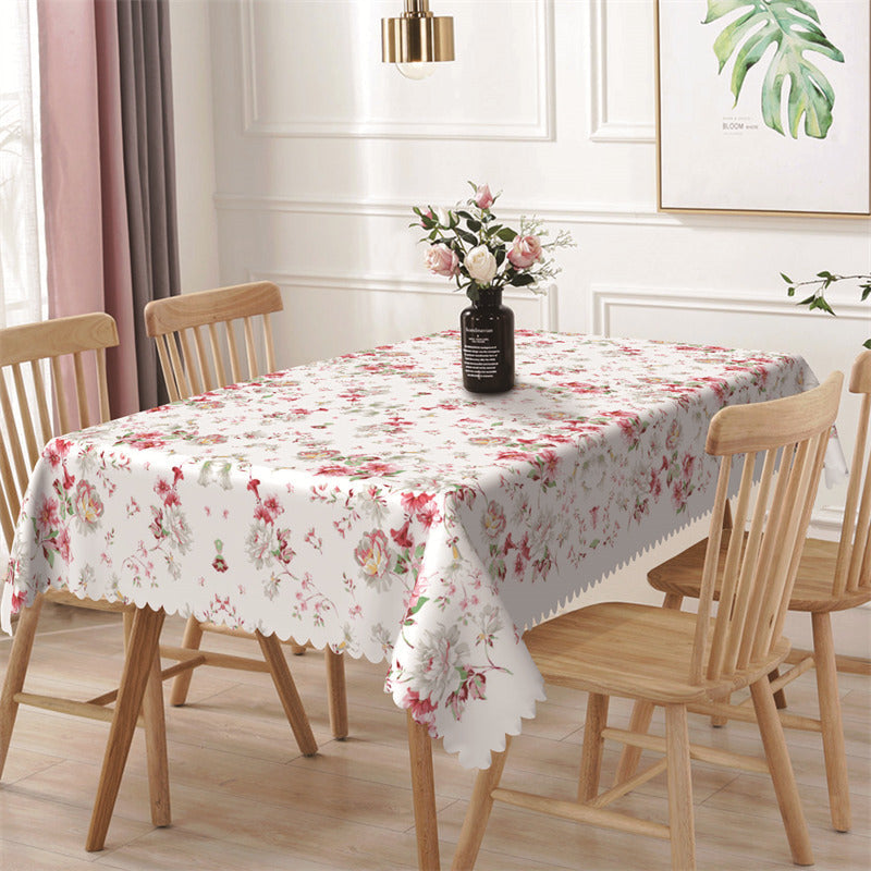 Aperturee - Dense White Pink Floral Prints Rectangle Tablecloth