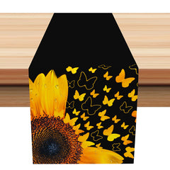 Aperturee - Dew Sunflower Butterfly Black Summer Table Runner