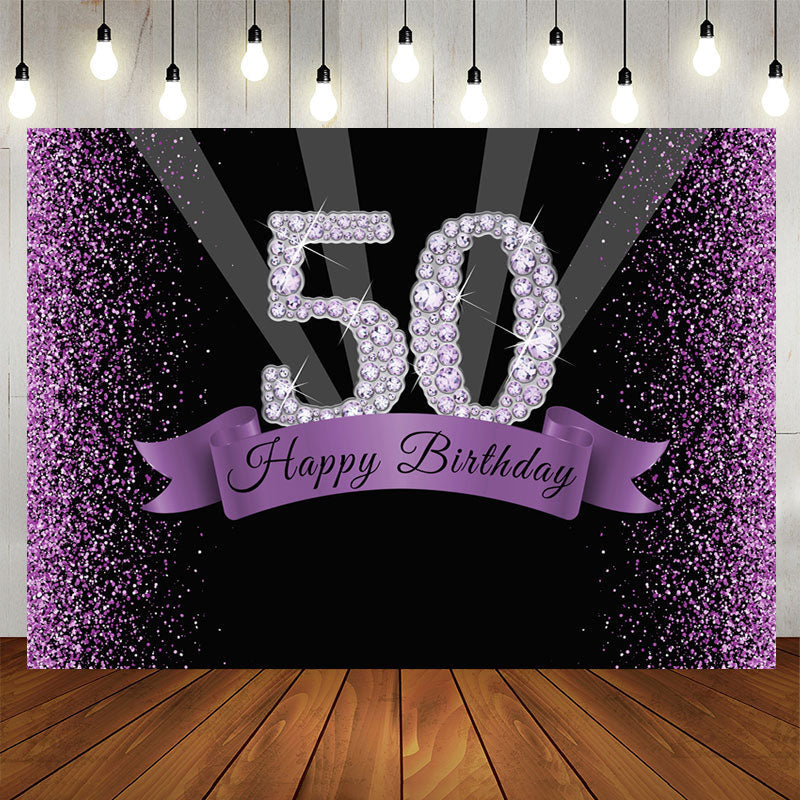 Aperturee - Diamond Purple Glitter Fifty Birthday Backdtops