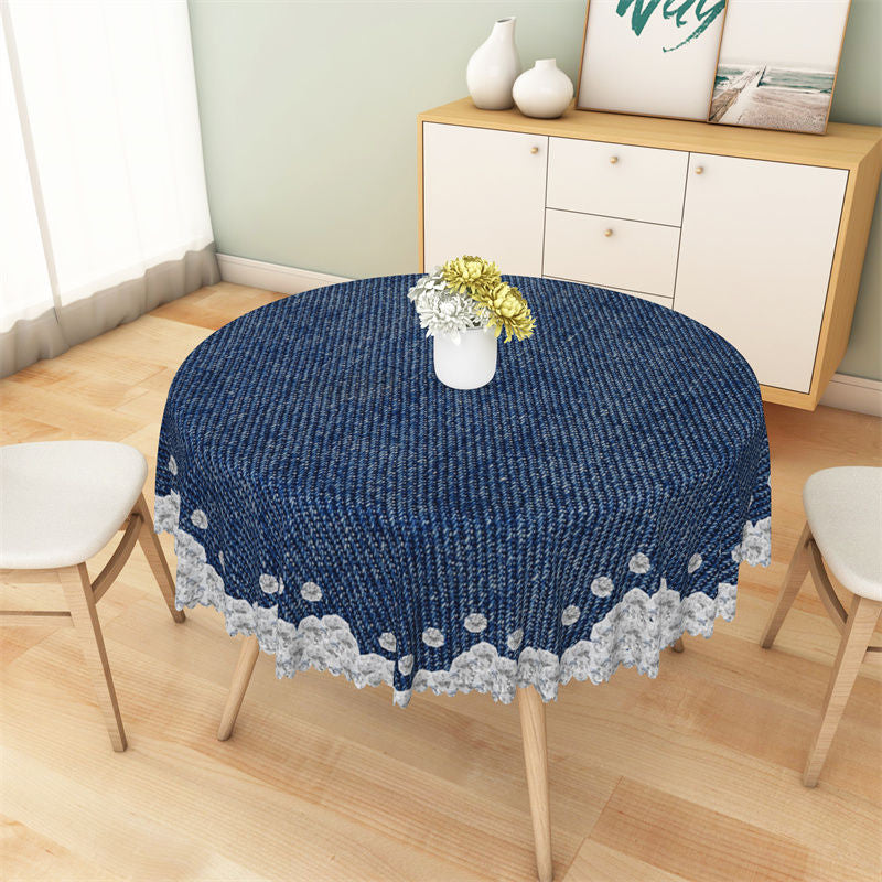 Aperturee - Diamonds Dark Blue Denim Textured Round Tablecloth