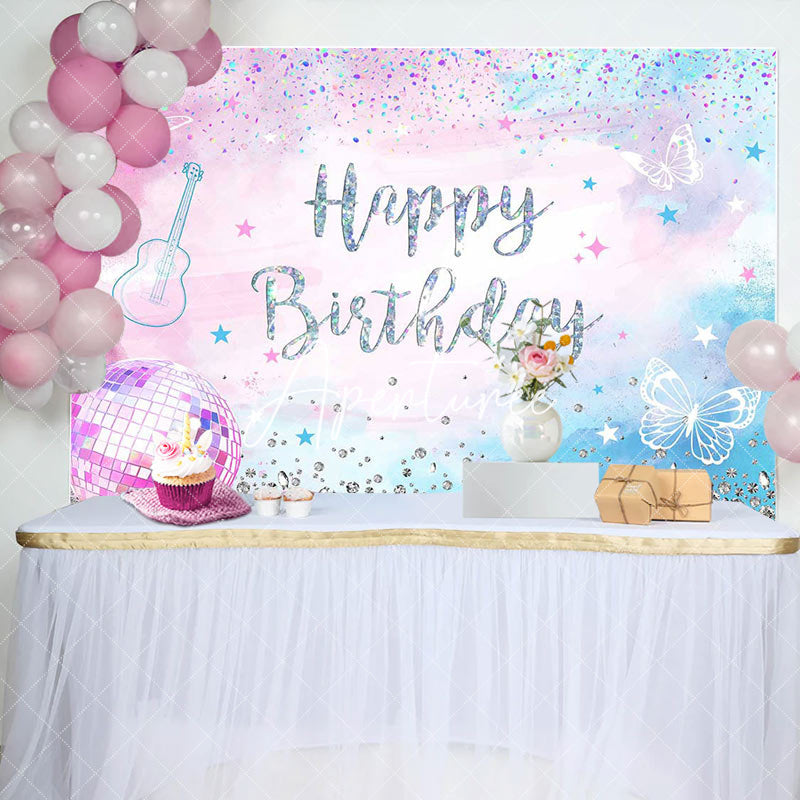 Aperturee - Diamonds Sparkle Pink Blue Happy Birthday Backdrop