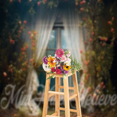 Aperturee - Dilapidated Curtain Window Floral Photo Backdrop