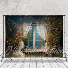 Aperturee - Dilapidated Curtain Window Floral Photo Backdrop