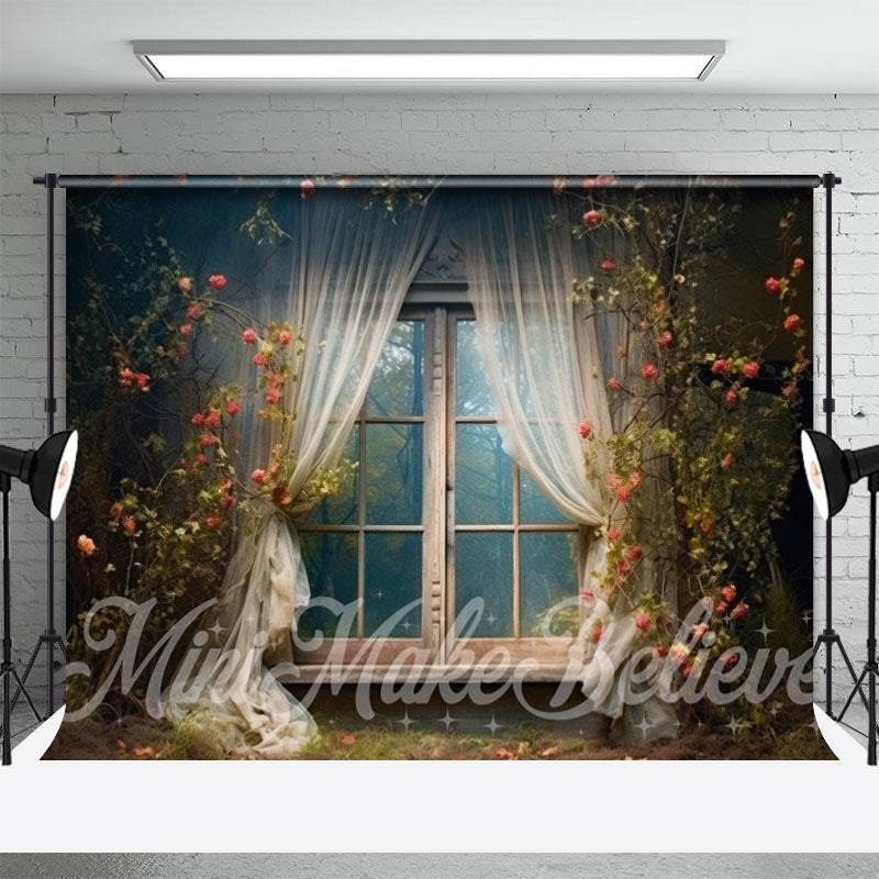 Aperturee - Dilapidated Curtain Window Floral Photo Backdrop