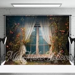 Aperturee - Dilapidated Curtain Window Floral Photo Backdrop