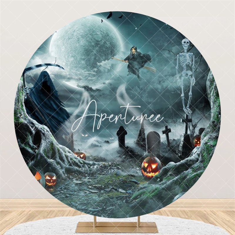 Aperturee Dim Bone Witch Tomb Pumpkin Round Halloween Backdrop