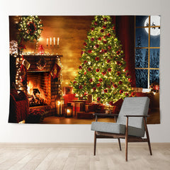 Aperturee - Dim Fireplace Tree Light Moon Christmas Backdrop