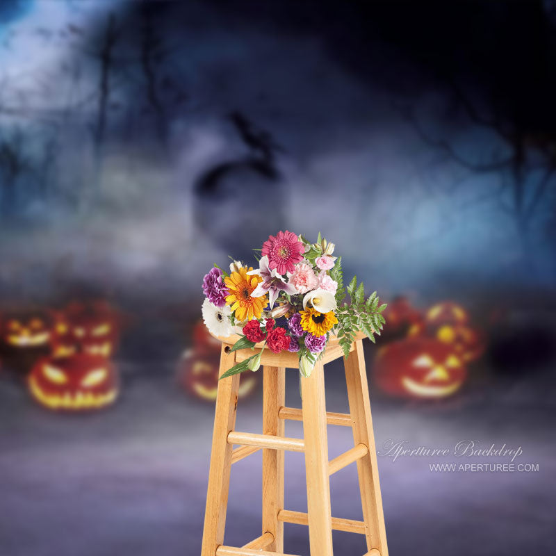 Aperturee - Dim Mist Pumpkin Forest Tombstone Halloween Backdrop