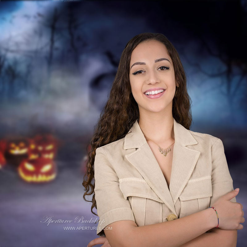 Aperturee - Dim Mist Pumpkin Forest Tombstone Halloween Backdrop