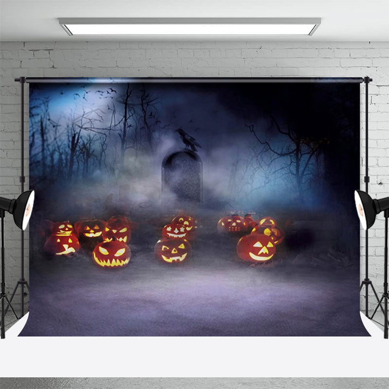 Aperturee - Dim Mist Pumpkin Forest Tombstone Halloween Backdrop