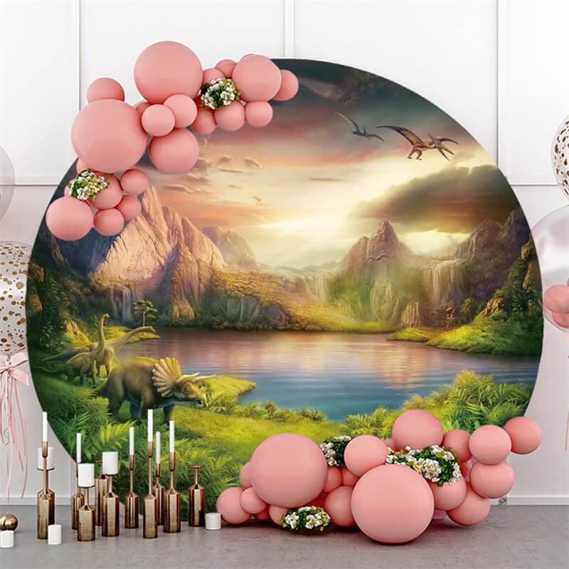 Aperturee Dinosaur And Mountain Circle Baby Shower Backdrop