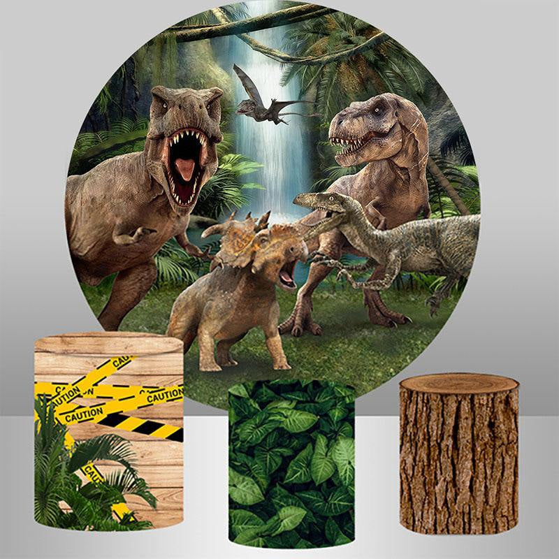 Aperturee Dinosaur And Waterfall Round Happy Birthday Backdrop