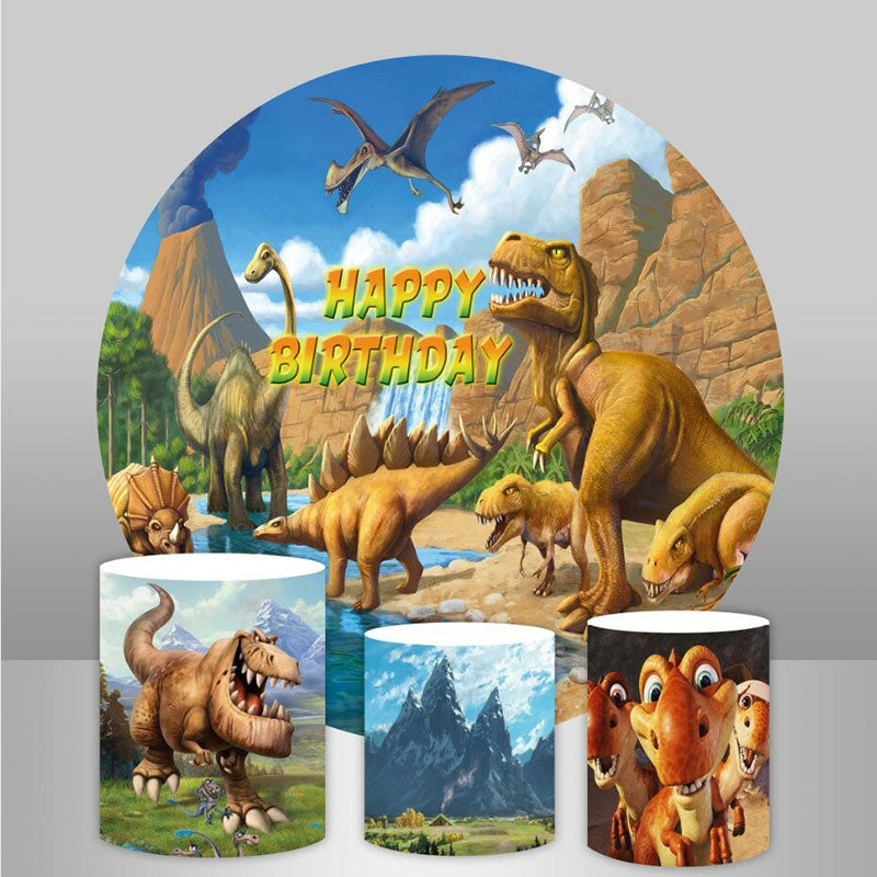 Aperturee Dinosaur World Lakes Round Happy Birthday Backdorp Kit