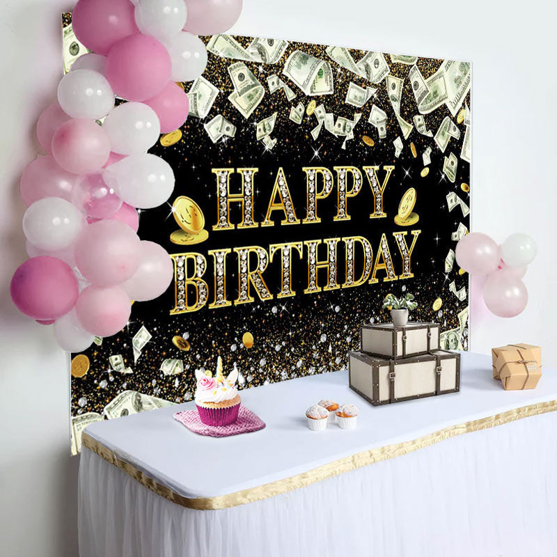 Aperturee - Dollar Bill Money Gold Glitter Birthday Backdrop