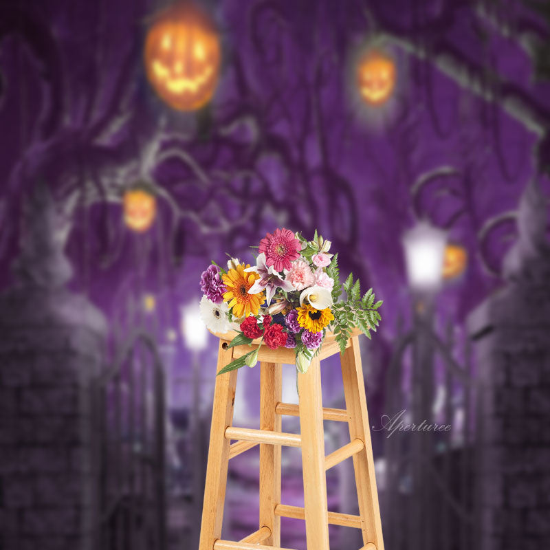 Aperturee - Door Pumpkin Lantern Halloween Photo Sweep Backdrop