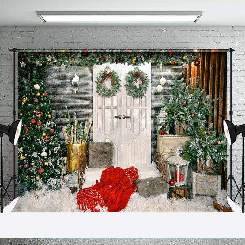 Aperturee - Door Wreath Pine Tree Outdoor Christmas Backdrop