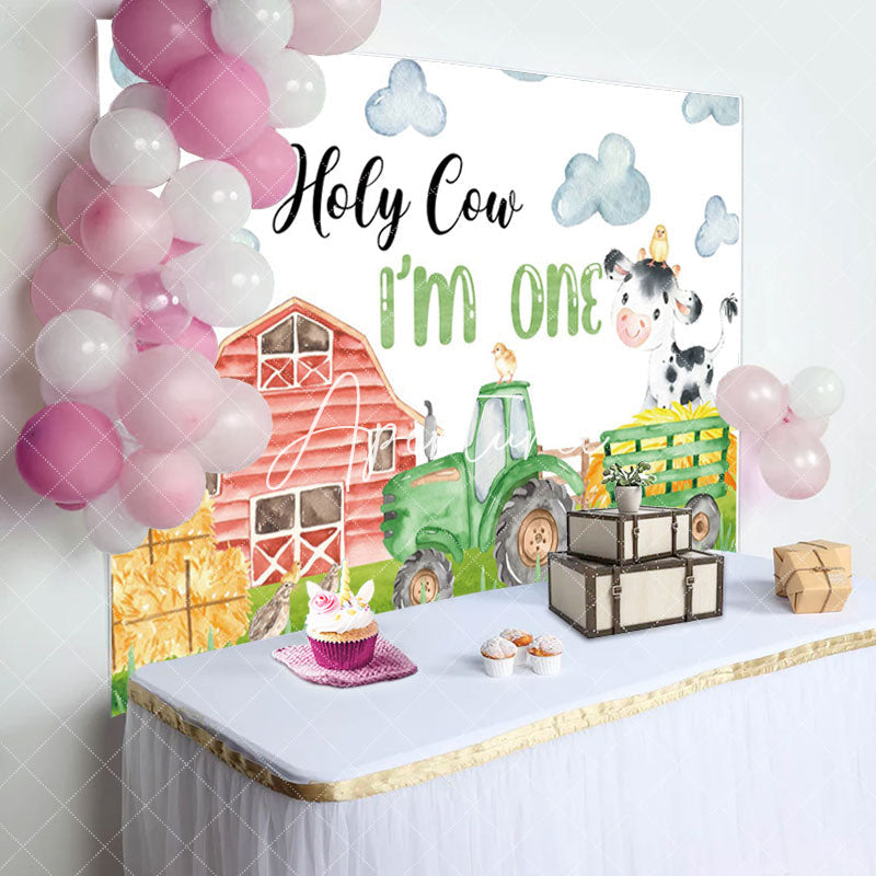 Aperturee - Drawn Farm Barn Hay Holy Cow 1st Birthday Backdrop