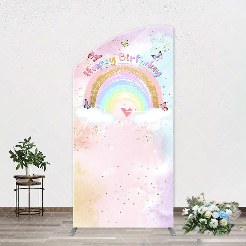 Aperturee - Dreamy Rainbow Clouds Butterfly Birthday Arch Backdrop