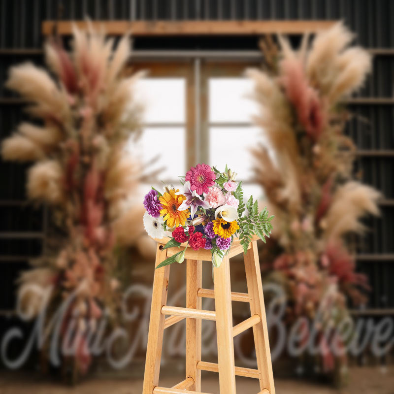 Aperturee - Dried Flower Wooden Door Boho Backdrop For Photo