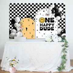 Aperturee - Dude Balloon White Black Plaid 1st Birthday Backdrop