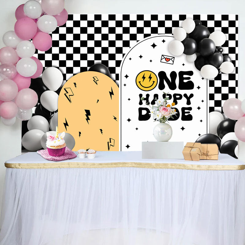 Aperturee - Dude Balloon White Black Plaid 1st Birthday Backdrop