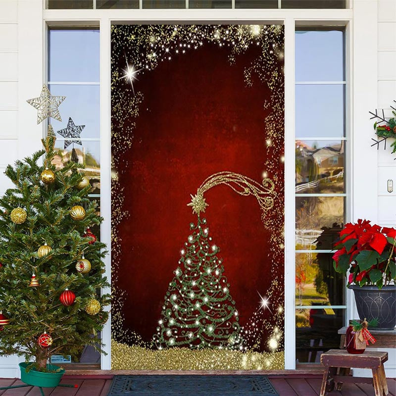 Aperturee - Dull Red Golden Glitter Christmas Tree Door Cover