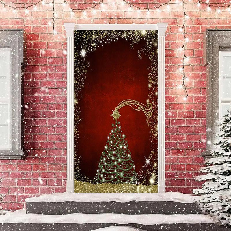 Aperturee - Dull Red Golden Glitter Christmas Tree Door Cover