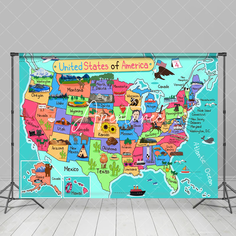 Aperturee - Educational USA Map Independence Day Kids Backdrop