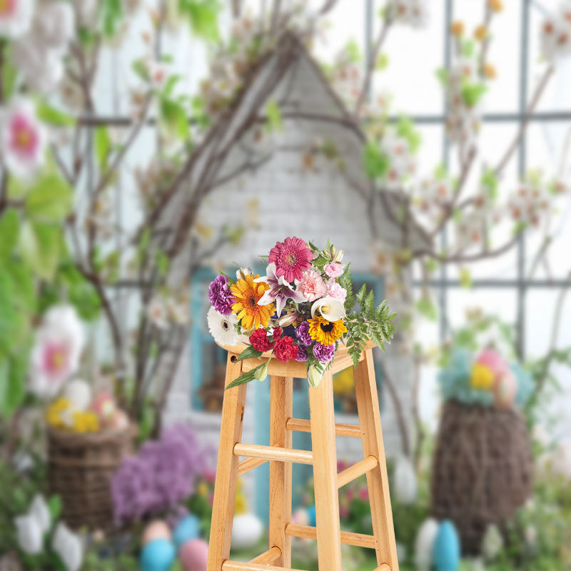 Aperturee - Egg Brick House Floral Easter Backdrop For Photo