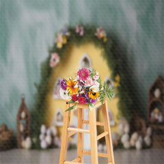 Aperturee - Eggs Floral Grass Yellow Door Easter Photo Backdrop