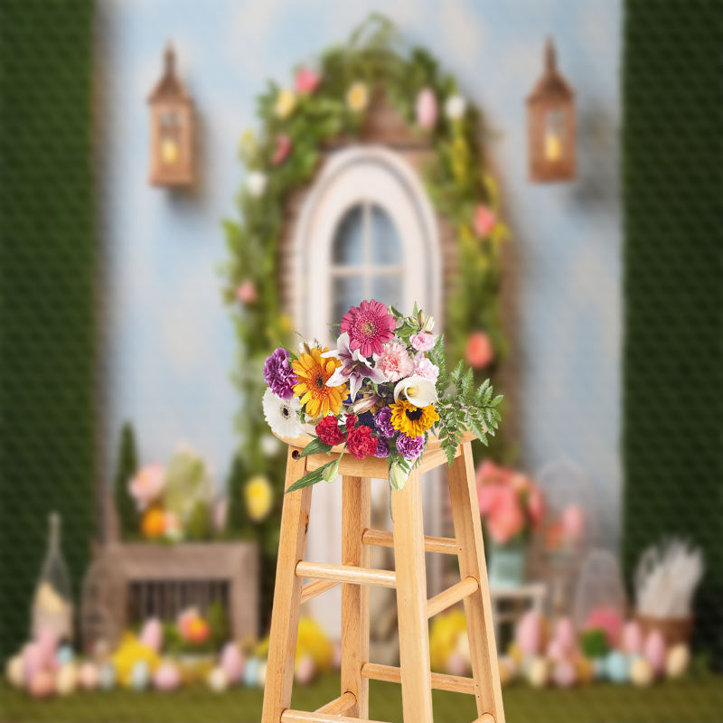 Aperturee - Eggs Rabbit Floral Arch Door Easter Photo Backdrop