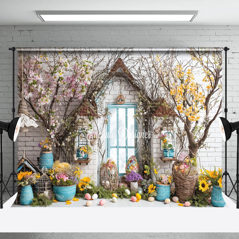 Aperturee - Eggs Yellow Floral Brick Wall Easter Photo Backdrop